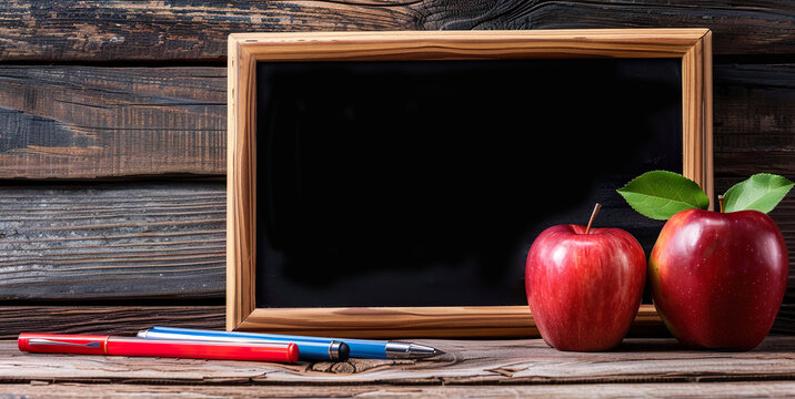 School blackboard with apple and pencils around it, A back to school, teacher's day