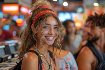 A cheerful young woman with a headband smiles brightly in a busy airport environment, exuding happiness and travel vibes