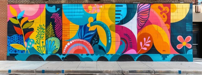 Bold and dynamic street mural featuring abstract floral and wave designs in a vivid color palette, reflecting the essence of urban vibrancy.