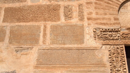 Stones with Roman inscriptions in the inner courtyard of the Great Mosque of Kairouan, in Kairouan,...
