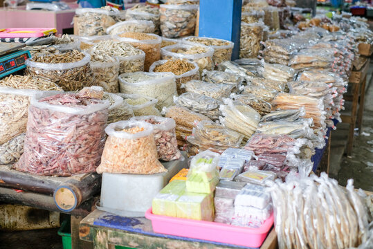 Salted fish or dried fish is fish that is preserved by salting and drying in the sun. It is being sold at fish markets. This is a famous traditional side dish in Indonesia.