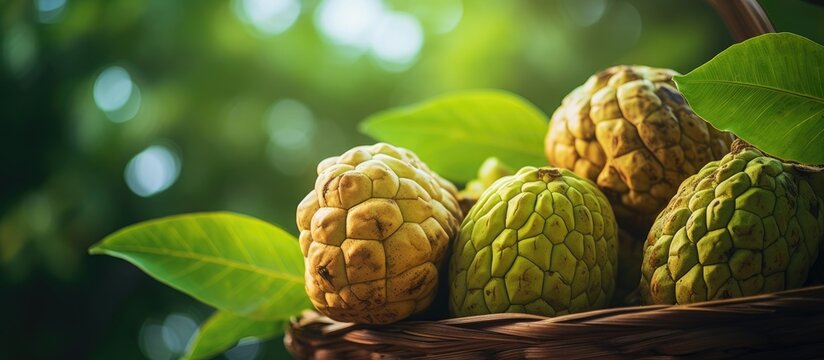 An Annona Reticulate tree is shown with a basket filled with green fruit perched on one of its branches. The fruit, known as Ramphal or Ram Fal, is a rare medicinal variety. The image features
