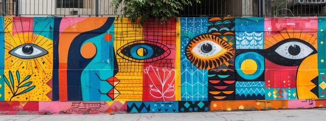 Eclectic urban street art mural, featuring bold patterns and stylized eyes, captures the essence of contemporary public art.