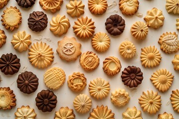 A close up of a variety of Christmas cookies. The cookies are arranged in a pattern, with some of them having different shapes on them. Scene is festive and celebratory