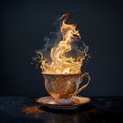 Golden Eruption: A Fiery Blazing Splash from an Elegant Cup Of Coffee