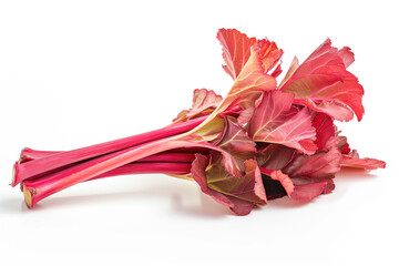 A high-quality image featuring fresh rhubarb with green leaves. The rhubarb is isolated on a white background. This image is perfect for topics related to fresh produce, vegetables, food, and healthy 