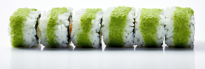 Four pieces of sushi with green caviar topping neatly arranged in a row on a white background.