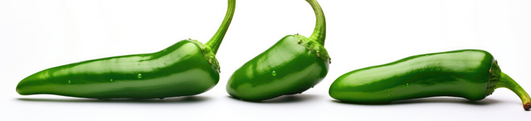 Three shiny green jalapeno peppers aligned diagonally, featuring a smooth, vibrant skin with water droplets, on a stark white background.