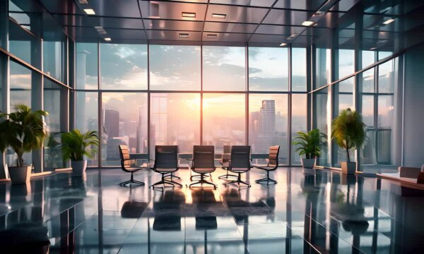A large, open office space with a view of the city skyline 4K Video