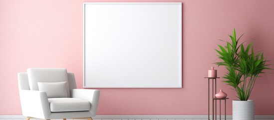 A modern living room with pink walls and a single white chair. The room is brightly lit, with an empty frame on the wall providing a minimalist touch.