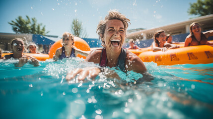 An elderly woman smiles in the pool. Group exercise in the pool.