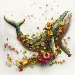 Illustration of whale made from wildflowers on white background. Stylized marine creatures. Save planet, Ecological problems, environmental protection, ocean pollution, animal rescue, wildlife.