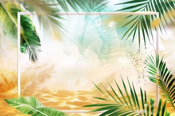 summer background with a white frame and golden sand palm leaves blurred Generative AI