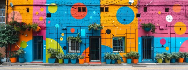 Vibrant street art mural on an urban wall, featuring abstract colorful shapes and a stylized eye, conveying creativity and urban culture.
