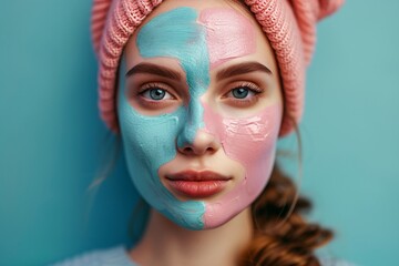 a woman with a pink and blue face mask