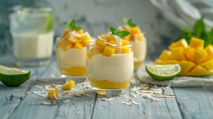 A beautiful vegan mango and coconut panna cotta in a dessert glass on a table. Mango panna cotta with coconut flakes and lemon spritz with mint.