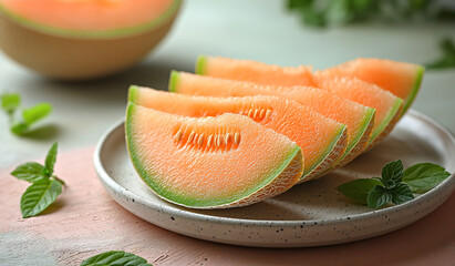 Slices of juicy cantaloupe on a ceramic plate are garnished with mint, ready to be enjoyed as a refreshing snack