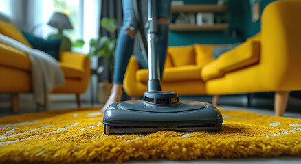 A vacuum cleaner glides over a vivid yellow carpet in a stylish living room, symbolizing cleanliness and domestic care