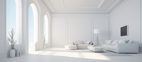 A white room with white furniture is featured, with a large window letting in natural light. The room is simple and clean, with a modern aesthetic.
