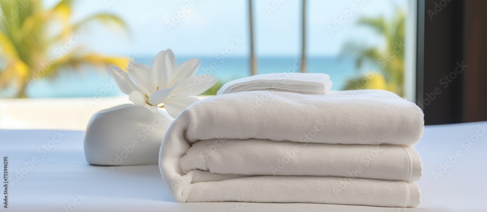 Poster a neatly stacked pile of white towels sits on top of a neatly made bed, creating a crisp and clean a