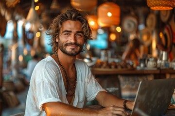 Obraz premium A stylish guy in a white T-shirt sits in a Balinese cafe with a laptop on the table, photo at golden hour, he smiles and looks at the laptop.