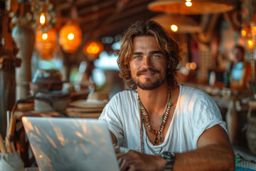 Obraz premium A stylish guy in a white linen T-shirt sits in a Balinese cafe with a laptop on the table, photo at golden hour, he smiles and looks at the laptop. wide shot of a cafe. the laptop is completely
