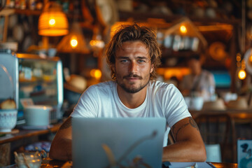 Fototapeta premium A stylish guy in a white T-shirt sits in a Balinese cafe with a laptop on the table, photo at golden hour, he smiles and looks at the laptop