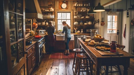 Cozy rustic kitchen with women preparing food together