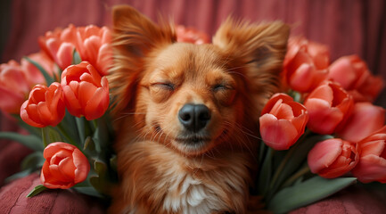 A content dog snuggles among vibrant tulips, an image of pure joy and springtime serenity