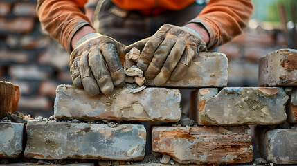 A bricklayer constructs a stone wall using wood, metal tools, and building materials like bricks and rocks.