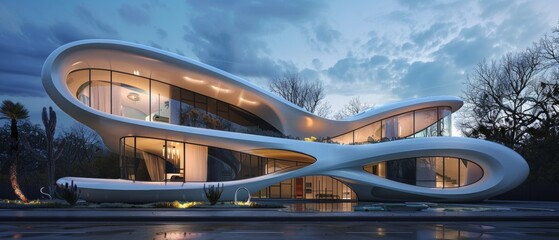 Futuristic architecture of a curvilinear modern house at dusk