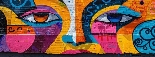 Close-up of colorful street art with bold eyes on urban wall.