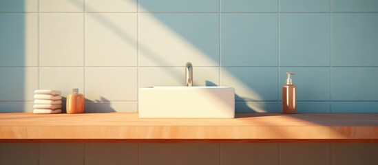 A bathroom sink is placed on top of a wooden counter in a simple and functional setting. The sink is equipped with a faucet and drain, ready for use.