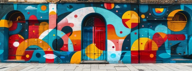 Colorful street art on building with archways, geometric and abstract patterns.