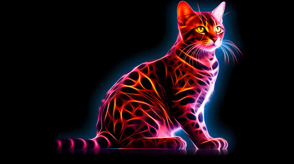 Bengal Cat Animal Plexus Neon Black Background Digital Desktop Wallpaper HD 4k Network Light Glowing Laser Motion Bright Abstract - obrazy, fototapety, plakaty