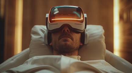 A man lies in bed immersed in a virtual reality simulation, the headset obscuring his vision as he encounters an unseen digital world