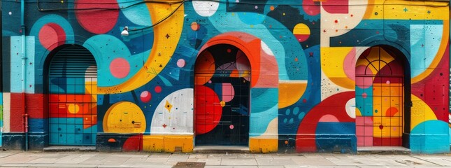 Colorful street art on building with archways, geometric and abstract patterns.