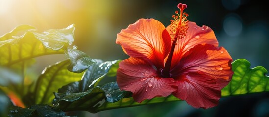 A vibrant red Hibiscus flower with delicate petals basking in the morning sunlight, contrasted against lush green leaves. The bright colors stand out against the clear blue sky.