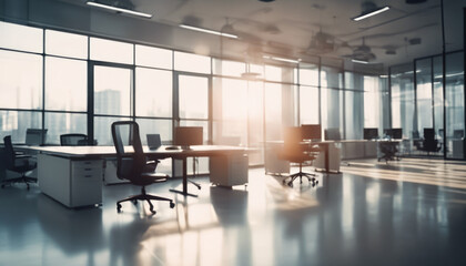 Blurry spacious and modern office with sunlight streaming through the large windows.