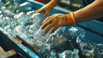 Worker sorting recyclable plastic bottles at a facility - obrazy, fototapety, plakaty