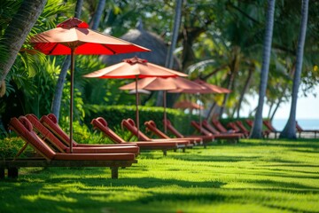 Fototapeta na wymiar photograph of a Beautiful lawn with red umbrellas and sunbeds on the beach, a sunny day Generative AI