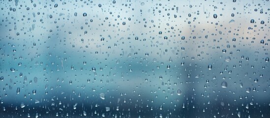 Rain drops are seen on a window, as the blue sky serves as the backdrop. The water droplets create a pattern on the glass, with a clear view of the sky in the distance.