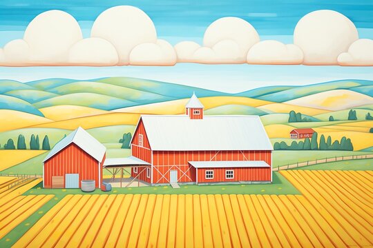 a painting of a farm with a barn and fields