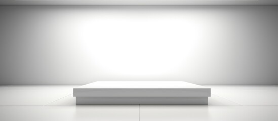 An empty room with a white square dais in the center. A beam of light shines down from the ceiling, casting a bright glow onto the floor. The walls are also white, - obrazy, fototapety, plakaty