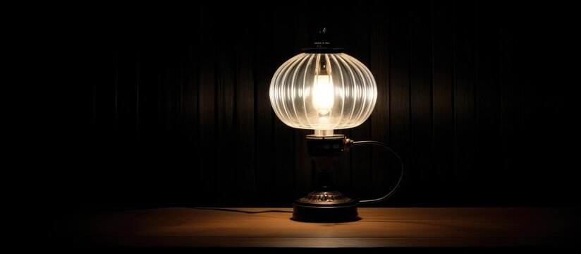 A white lamp is shining brightly on top of a table in a dark room, casting a pool of light around it. The contrast between the light and the darkness creates a striking visual impact.