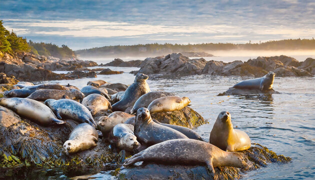 Colony of harbor seals (Phoca vitulina) on a rocky shore - New England, USA.