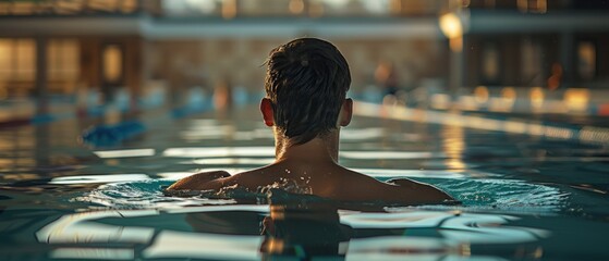 Man swimming in indoor pool with backlit atmosphere - obrazy, fototapety, plakaty