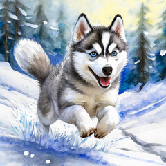 Naklejka premium 눈위에 달리는 허스키