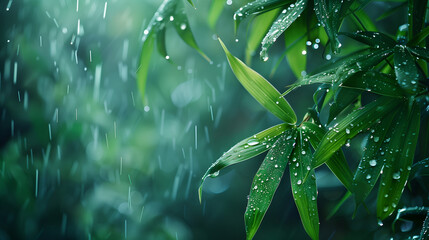 water drops on a green bamboo leaf in the bamboo forest, rain in the forest - Powered by Adobe