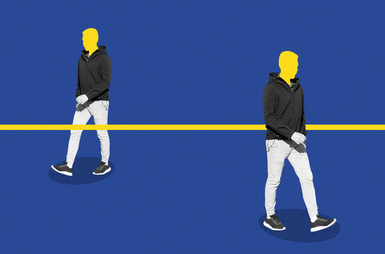 Collage with a walking man with a yellow head